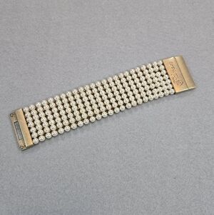 Plunder Multi-Strand Pearl Bracelet Wide Statement Cuff Gold Tone Clasp